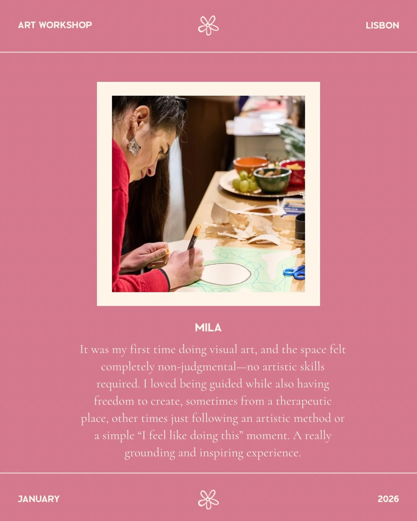 Do you want to experience what Mila did during my Mantra Art Workshop? 😌☺️🫶

Then you should join me for my next session in Campo de Ourique in Lisbon. 🥳

First timers get a special treat, so DM me before signing up. 💌

15. FEBRUARY 
1 p.m. - 4 p