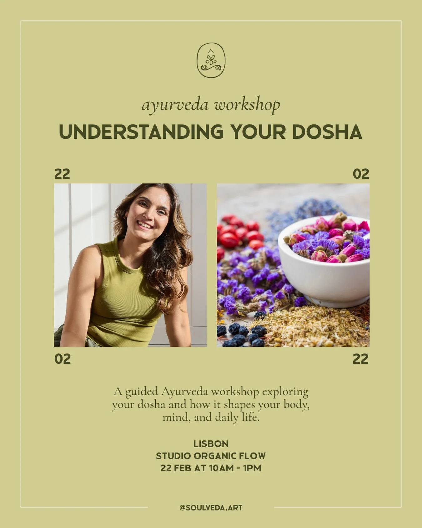 Excited to announce my Ayurveda Workshop!
I will introduce authentic Ayurveda &amp; the Doshas to you in Lisbon at the beautiful @studioorganicflow 🫶 ☀️ 

The Doshas build the foundation of the Ayurvedic healing.

🌬️VATA | 🔥PITTA | 🌳KAPHA

They s