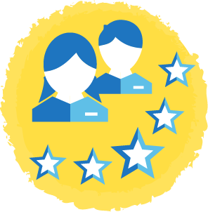 Ilustración de dos personas con cabello azul y sin detalles faciales, rodeadas de estrellas blancas con contorno azul, en un fondo circular amarillo con borde áspero