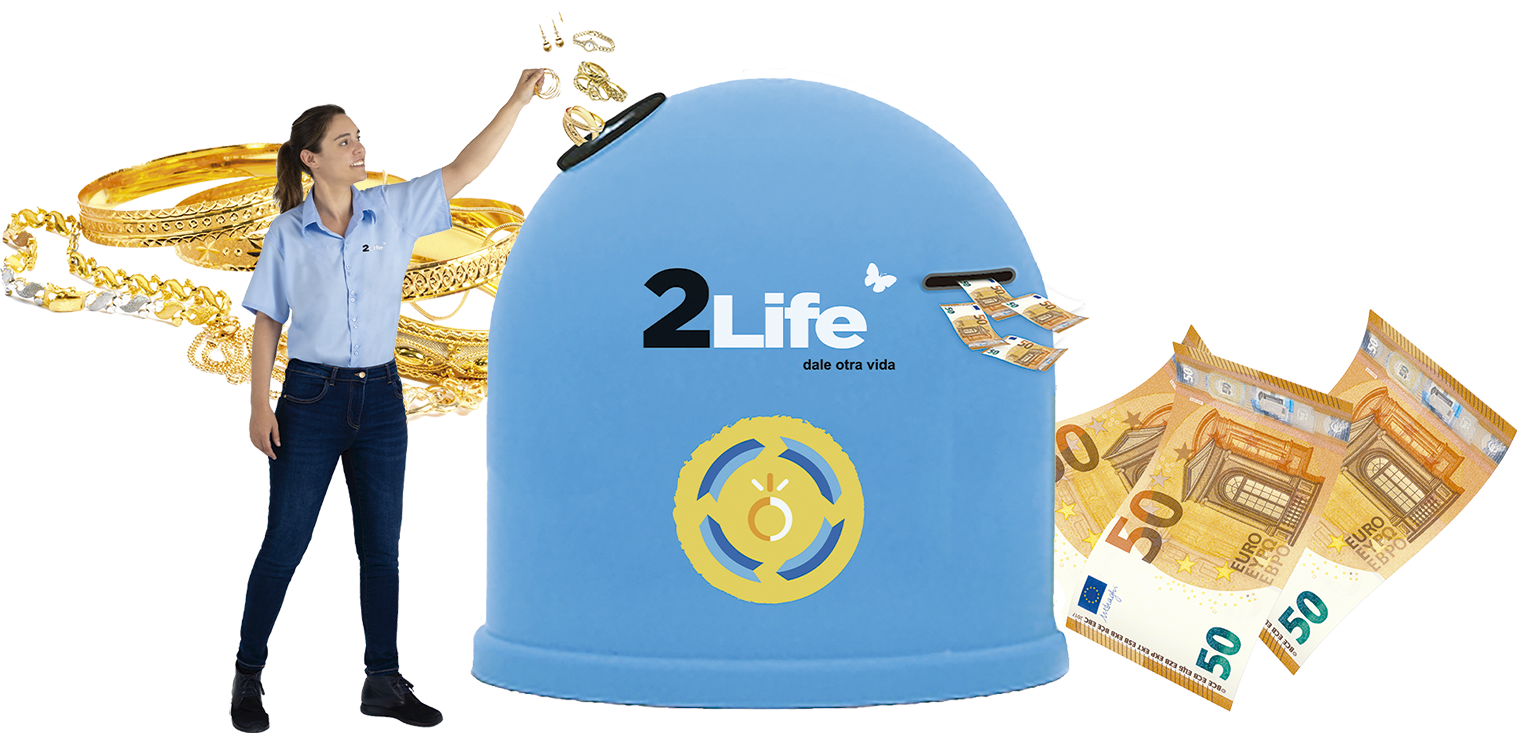 Mujer colocando billetes en una máquina de dinero automático con la marca 2Life, rodeada de monedas de oro y billetes de 50 euros.