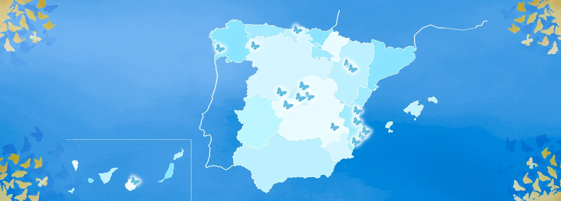 Mapa de España con provincias destacadas y mariposas azules y amarillas en los bordes