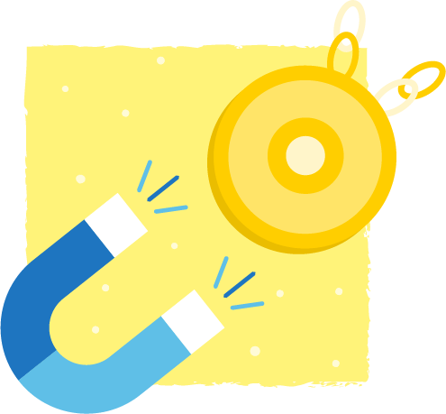 Un imán en forma de herradura atrayendo una moneda dorada