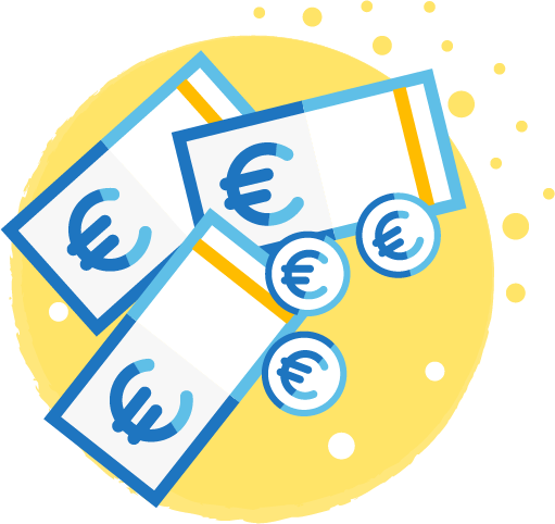 Dibujo de billetes y monedas con símbolo del euro en un fondo amarillo con puntos.