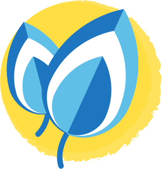 Logotipo de forma abstracta con hojas azules y blancas sobre un fondo amarillo