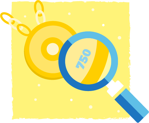 Un espejo con un letrero que dice 750 y una cadena en un fondo amarillo con puntos blancos.