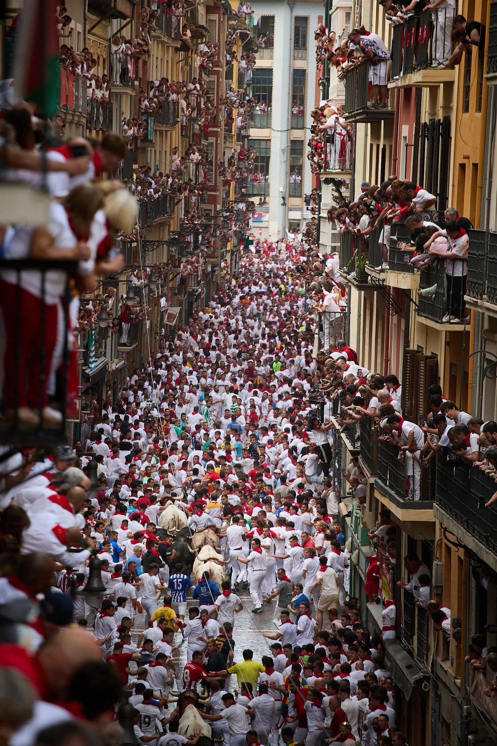 7/7/25 First day of Running of the Bulls, Calle Estafeta, Pamplona (Navarra), Northern Spain. Photo by James Sturcke.