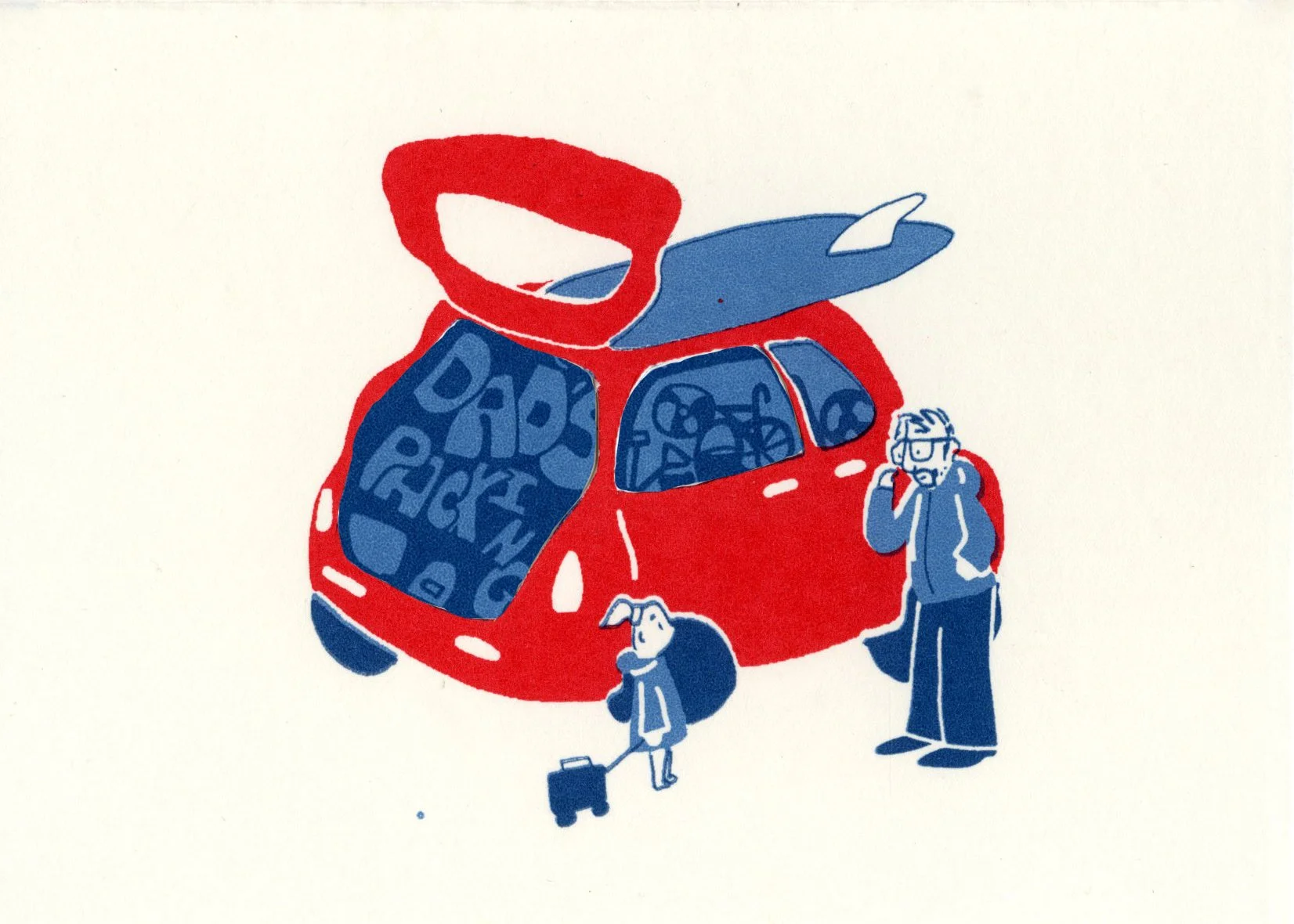 Father's Day card. Dad's Packing front cover. Screen print with cut out elements.