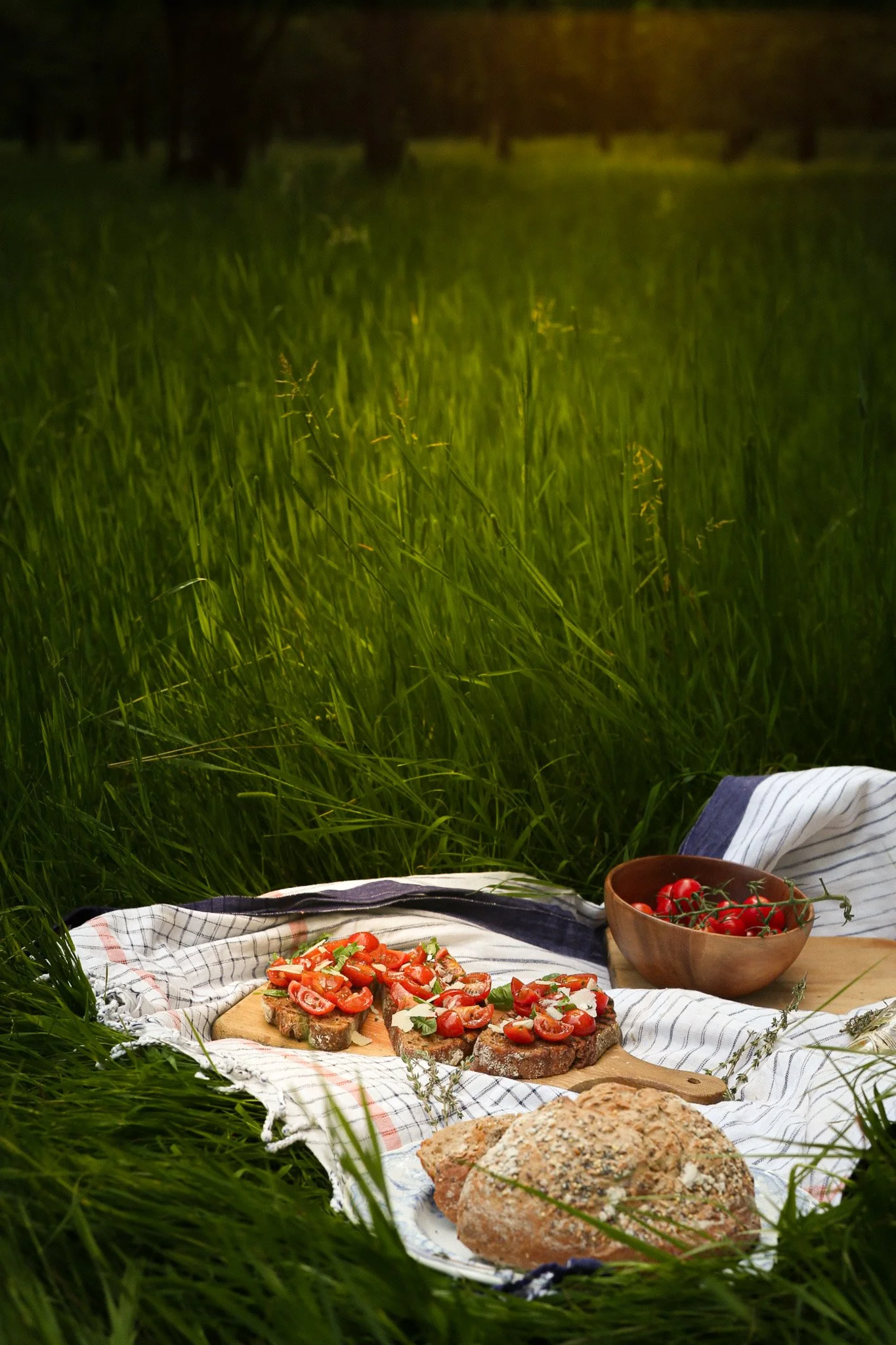 A picnic setup on a cloth with sliced bread topped with cherry tomatoes and herbs, a bowl of cherry tomatoes, and a loaf of bread, placed on tall green grass in a field during sunset. Kathleen Gillan Photography copyright-protected.