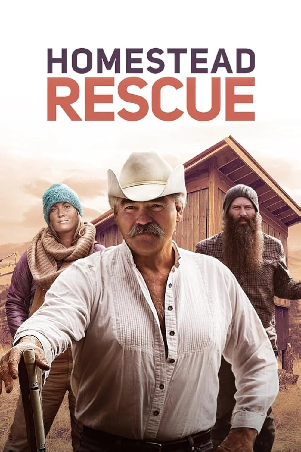 Poster for Homestead Rescue showing three people in front of a wooden house with an orange sky background.
