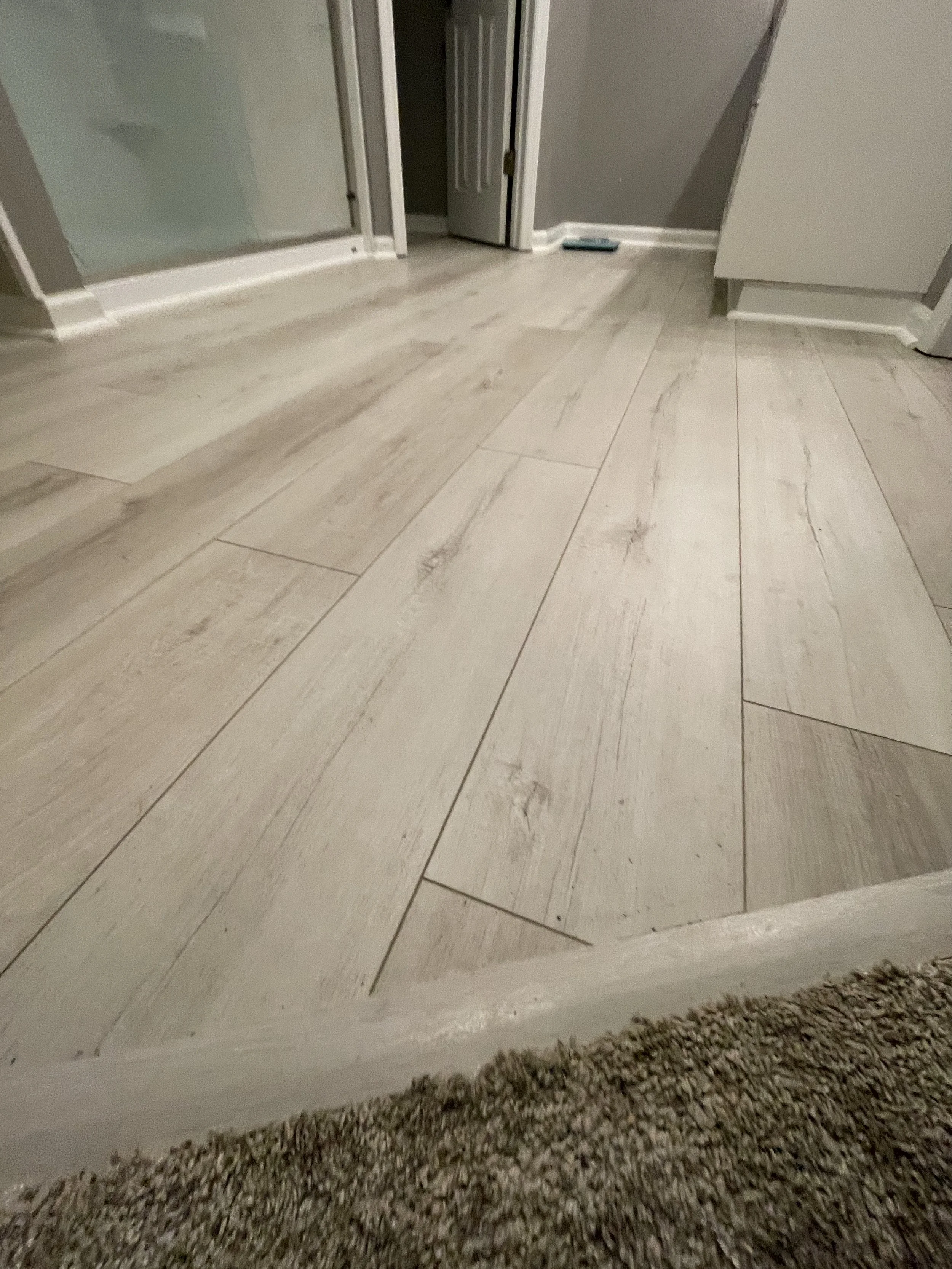Light-colored wooden flooring in a room with a door slightly open, and a small item on the floor near the door.