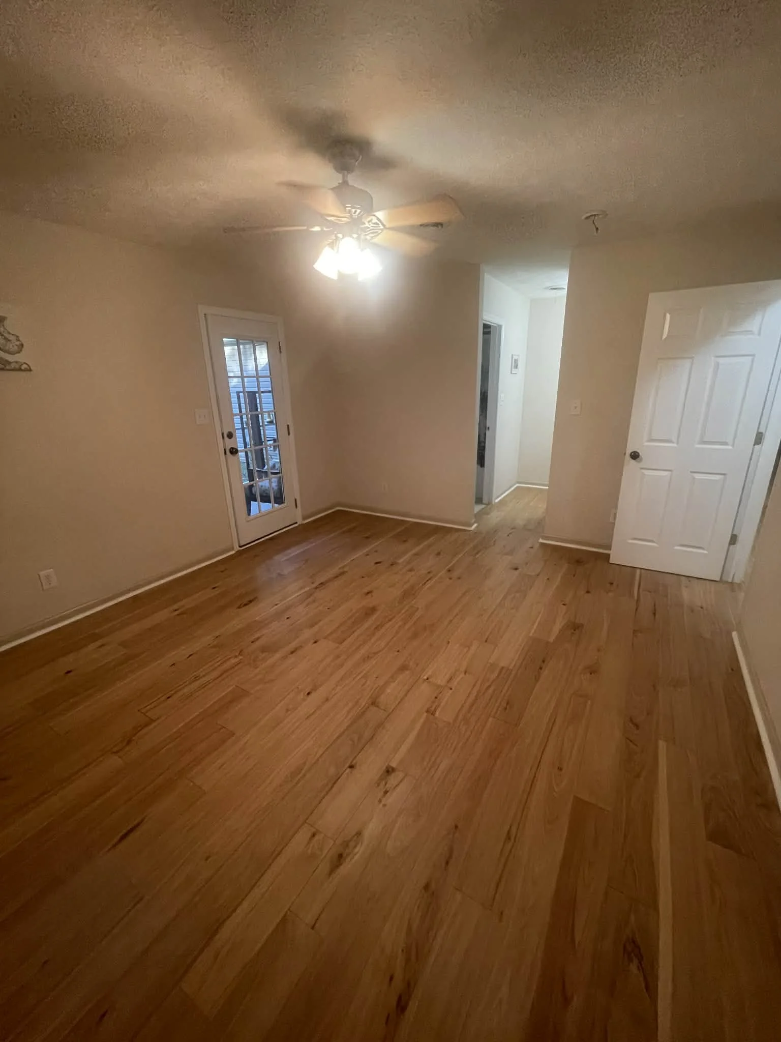 Empty living room with hardwood floors, ceiling fan, closed white door, and glass door leading outside.