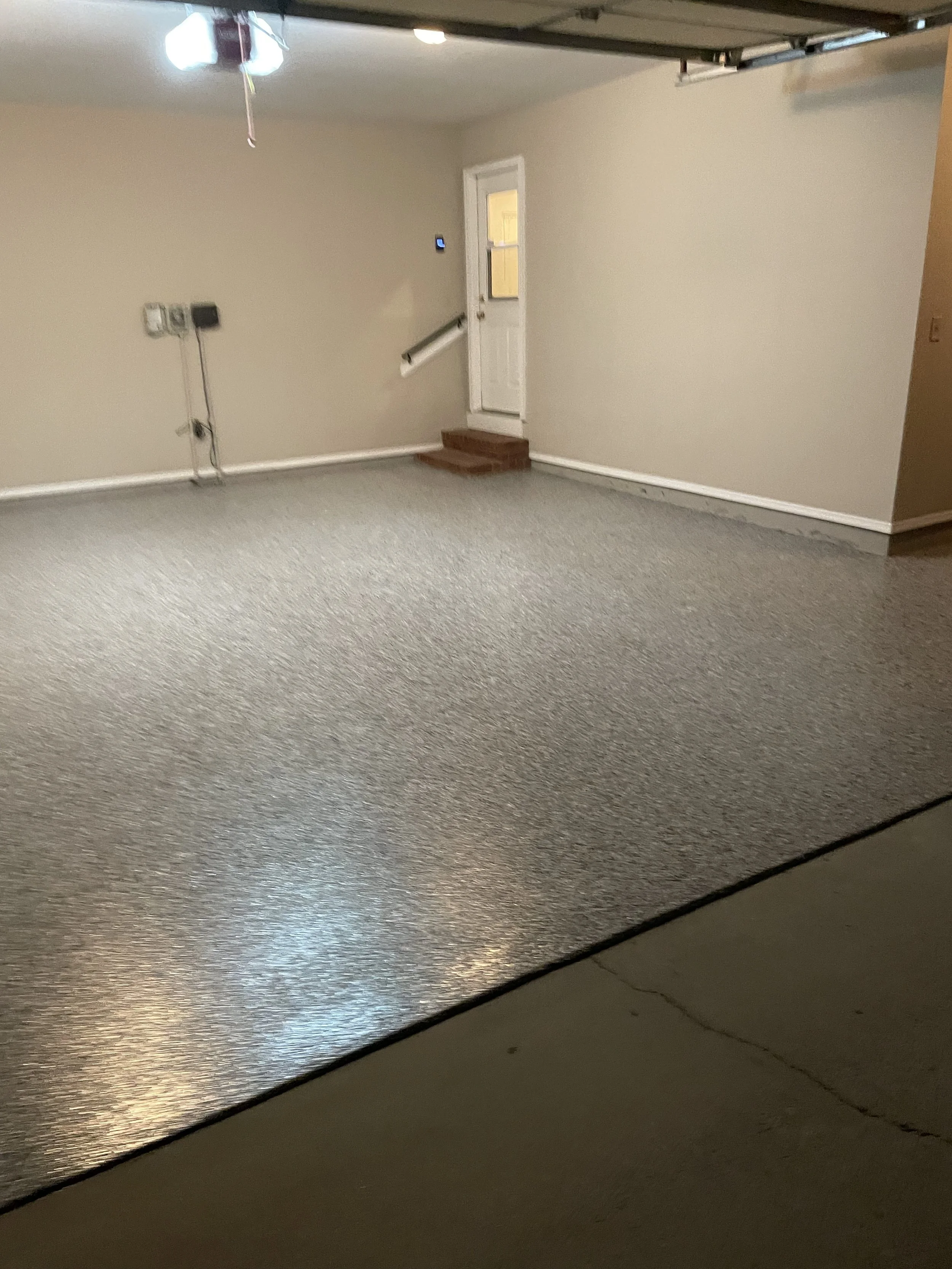 Empty garage with beige walls, gray carpeted floor, a white door with glass window, small steps leading up to the door, and a garage door opener attached to the ceiling.