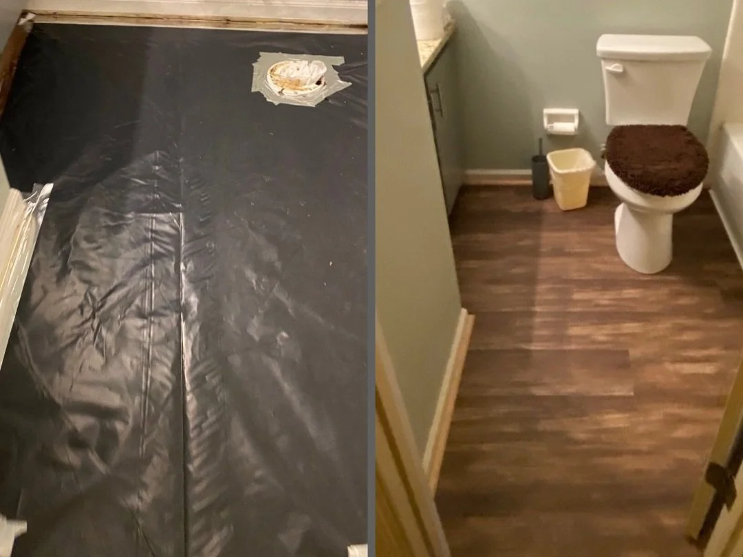 Left side shows a black plastic or vinyl floor covering with a piece of used toilet paper on it. Right side shows a small bathroom with a toilet that has a brown fluffy toilet seat cover, a small trash can, and a bathroom floor with wood-style floori
