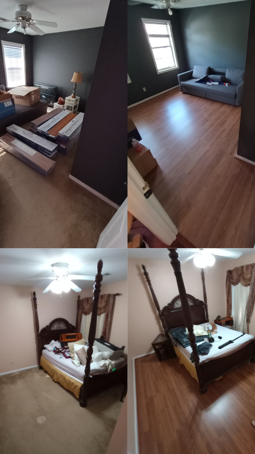 Collage of four images showing a home renovation process. The top left shows a living room with moving boxes and packed furniture. The top right shows an empty living room with a blue couch and hardwood floors. The bottom left shows a bedroom with a 