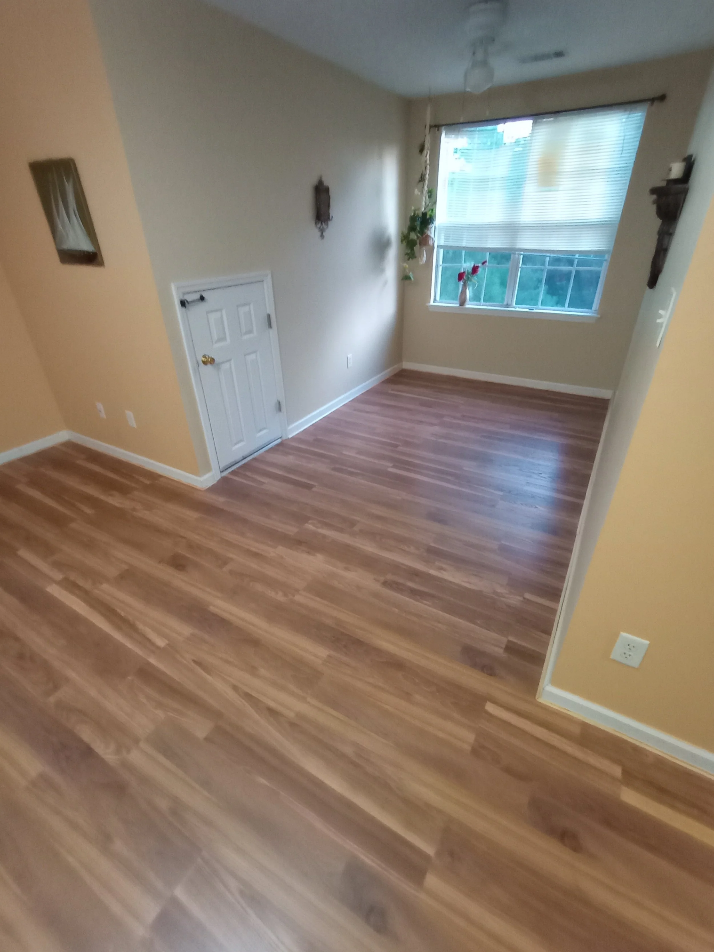 Empty room with hardwood floors, beige walls, a window with blinds, and some hanging plants.