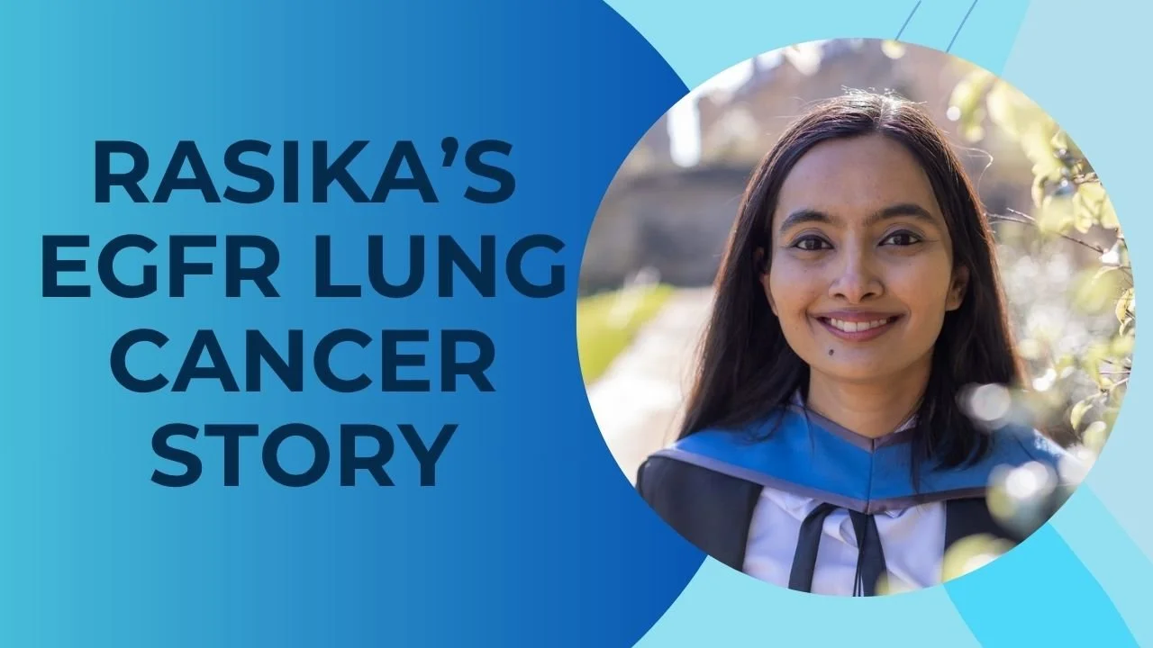 Photo of a young Rasika wearing a graduation gown from Oxford University, who had been diagnosed with stage 3B EGFR lung cancer at the age of 26 in India.