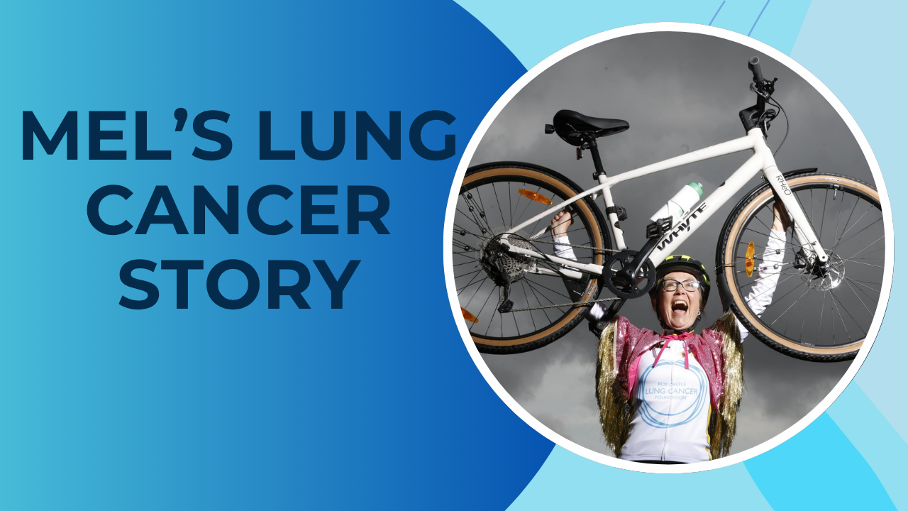 Photo of stage 4 lung cancer patient Mel Erwin, hold up a bicycling looking triumphant