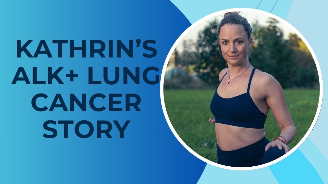 Photo of a young, attractive Kathrin, wearing pilates top outside in a green field - diagnosed with stage 4 ALK+ lung cancer after foot pain at age 44.