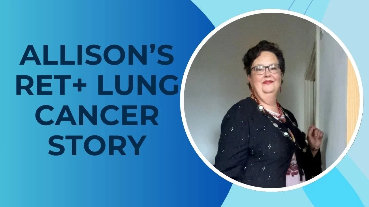 Photo of Allison who was diagnosed with 3 cancers, including RET+ lung cancer, after following a lump in her breast.  She was about to turn 50 and never imaged this.