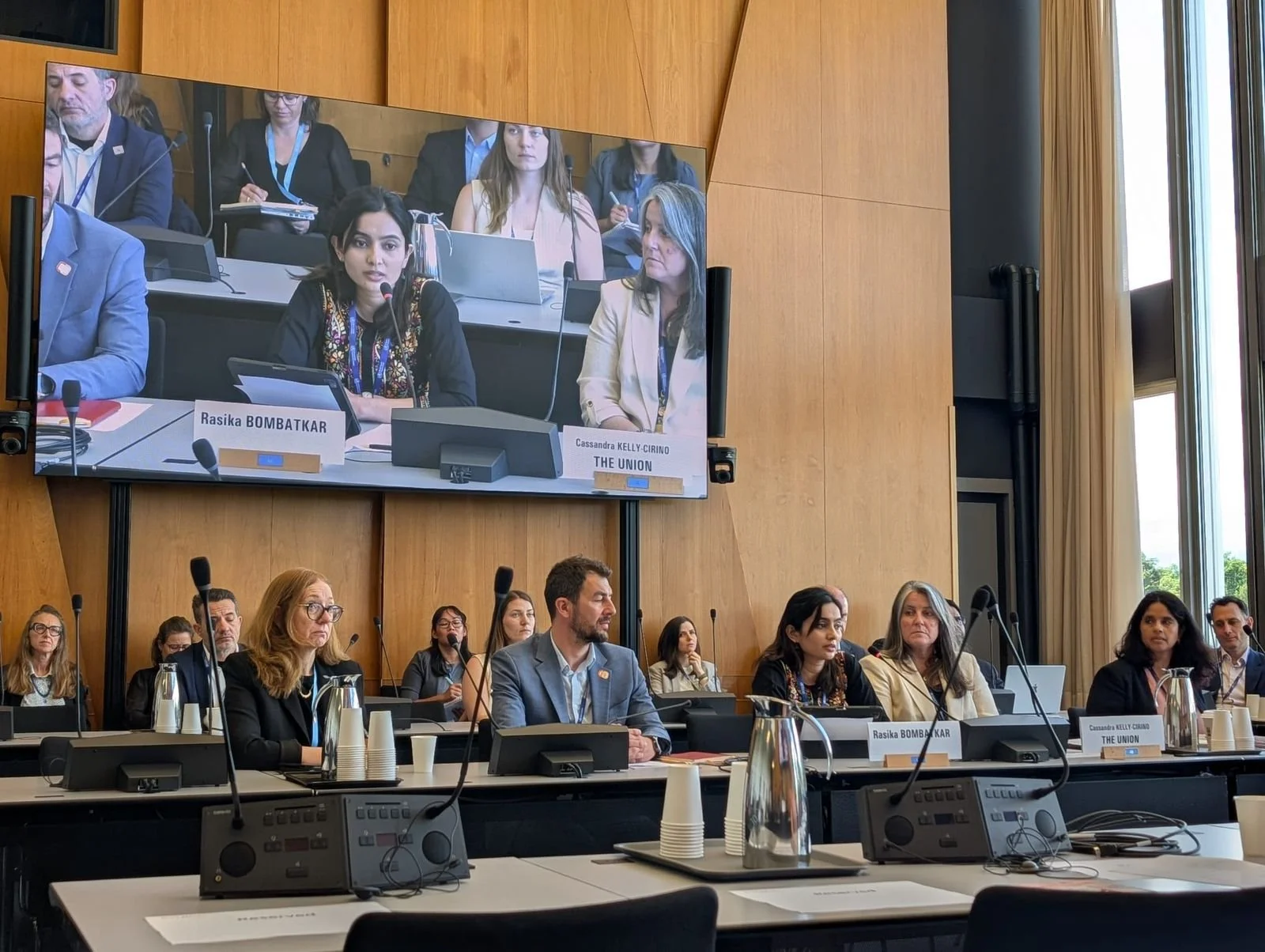 Photo of Raskia speaking at the World Health Assembling in 2026 in Geneva.  She's at a table with a microphone in front and other speakers. Her face is also on a large video screen behind her.