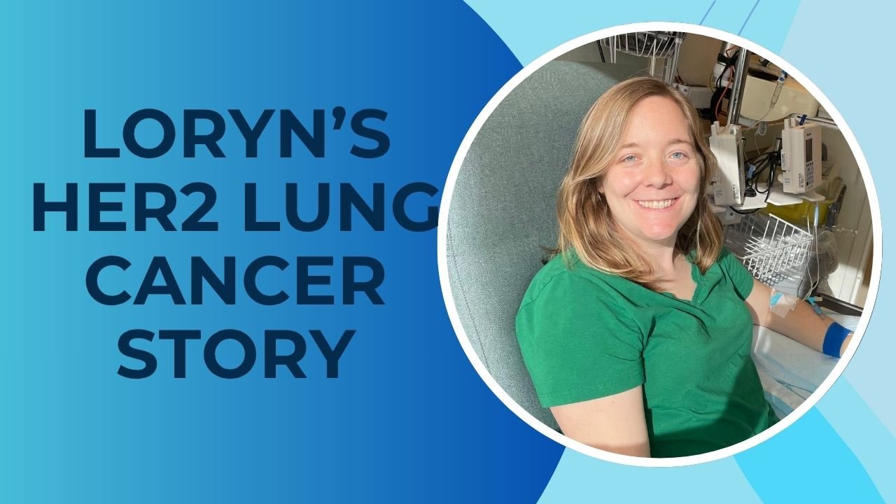 Close up photo of Loryn who is blond, wearing a green shirt and sitting at a chemo chair - diagnosed with stage 4 HER2 lung cancer in her early 30s.