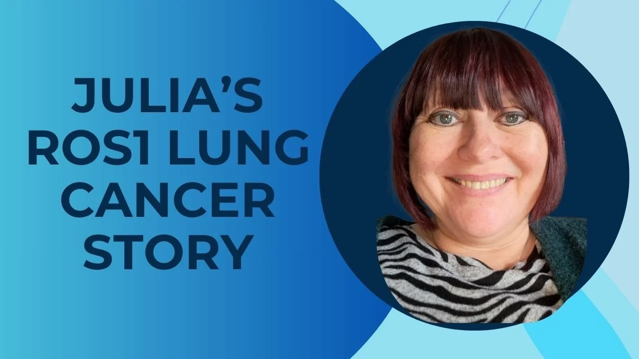 Photo of a smiling Julia with red straight hair and fringe, smiling who was diagnosed with stage 4 ROS1 lung cancer at the age of 50 as a mum of three kids.