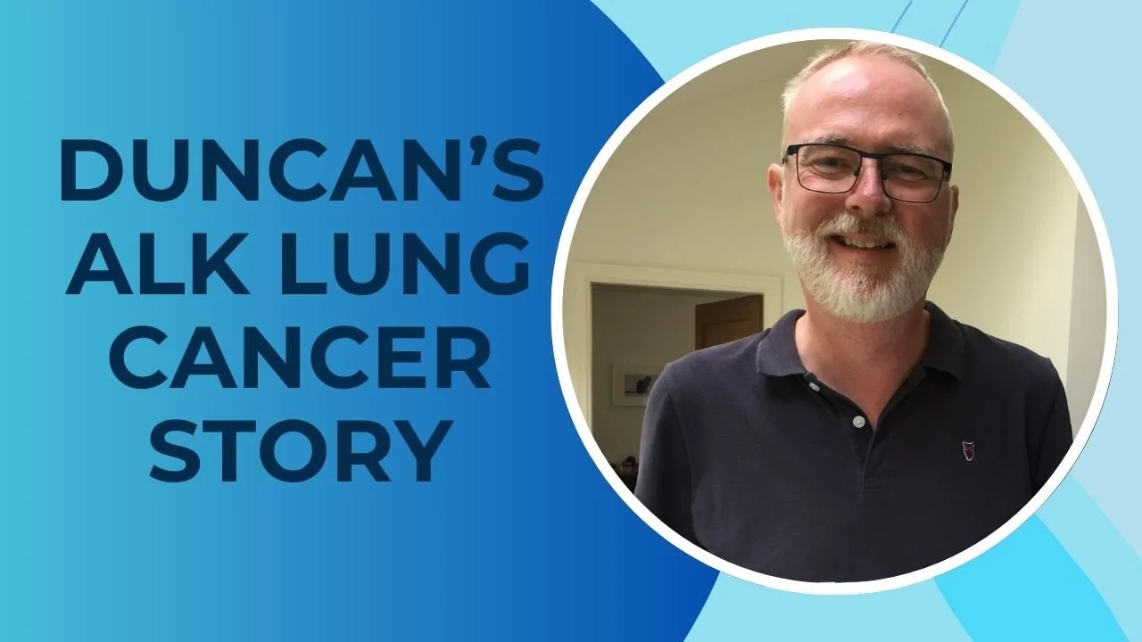 Close up photo of Duncan, who was 50, with grey hair, glasses and a beard and diagnosed with stage 4 ALK lung cancer after a seizure.