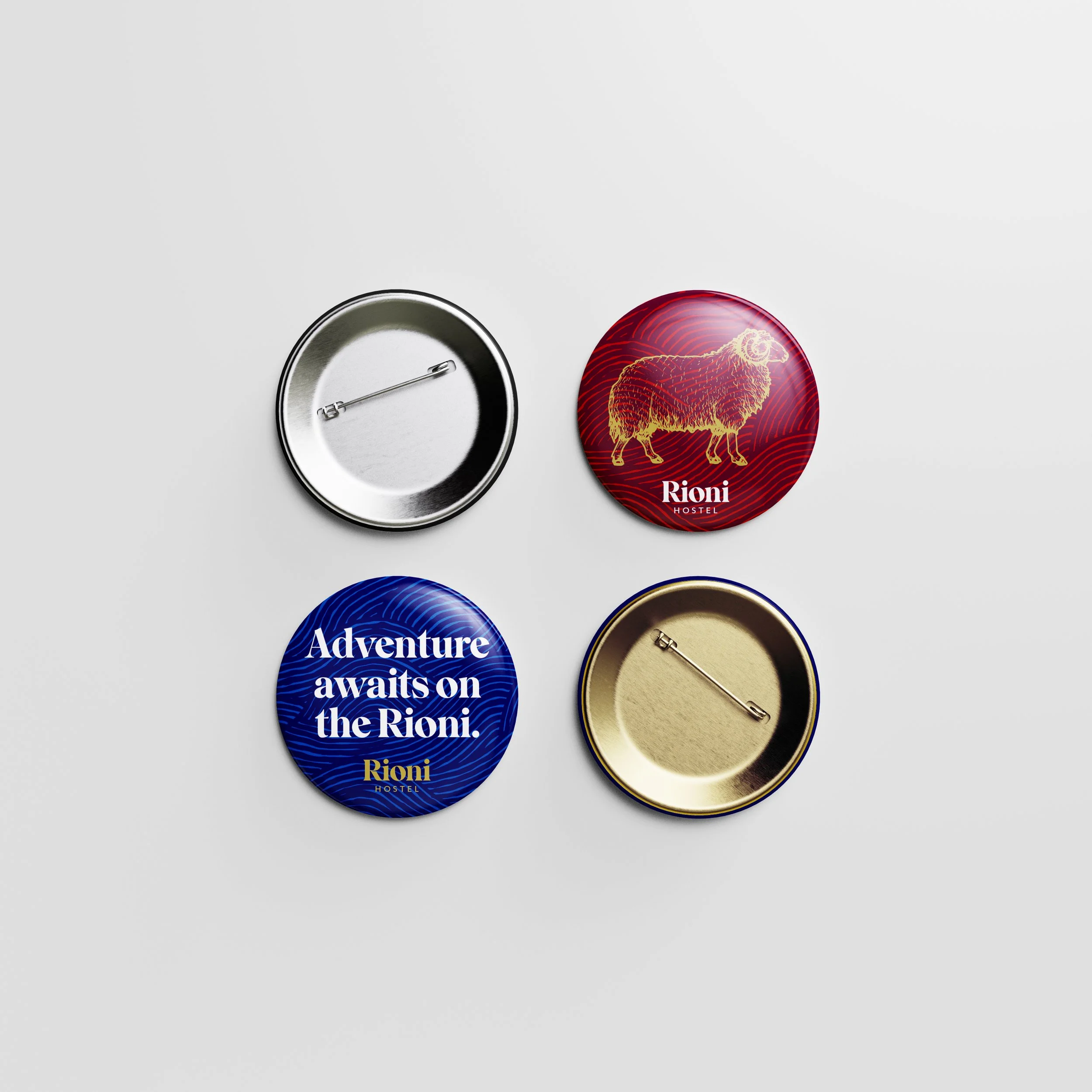 Visual concepts of pin badges featuring a golden ram for Rioni Hostel
