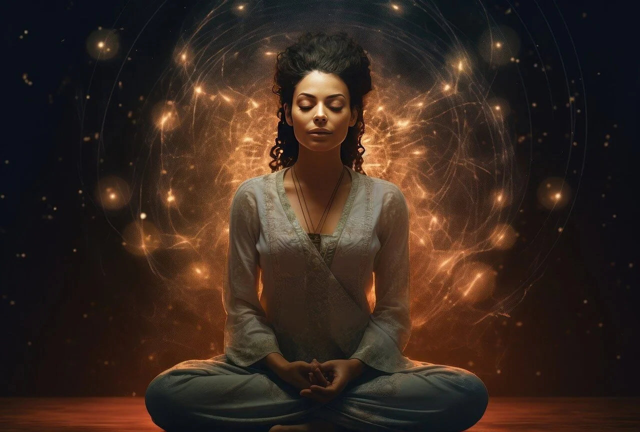 femme assise en position de lotus méditation relier au tout à l'énergie universelle à la mère