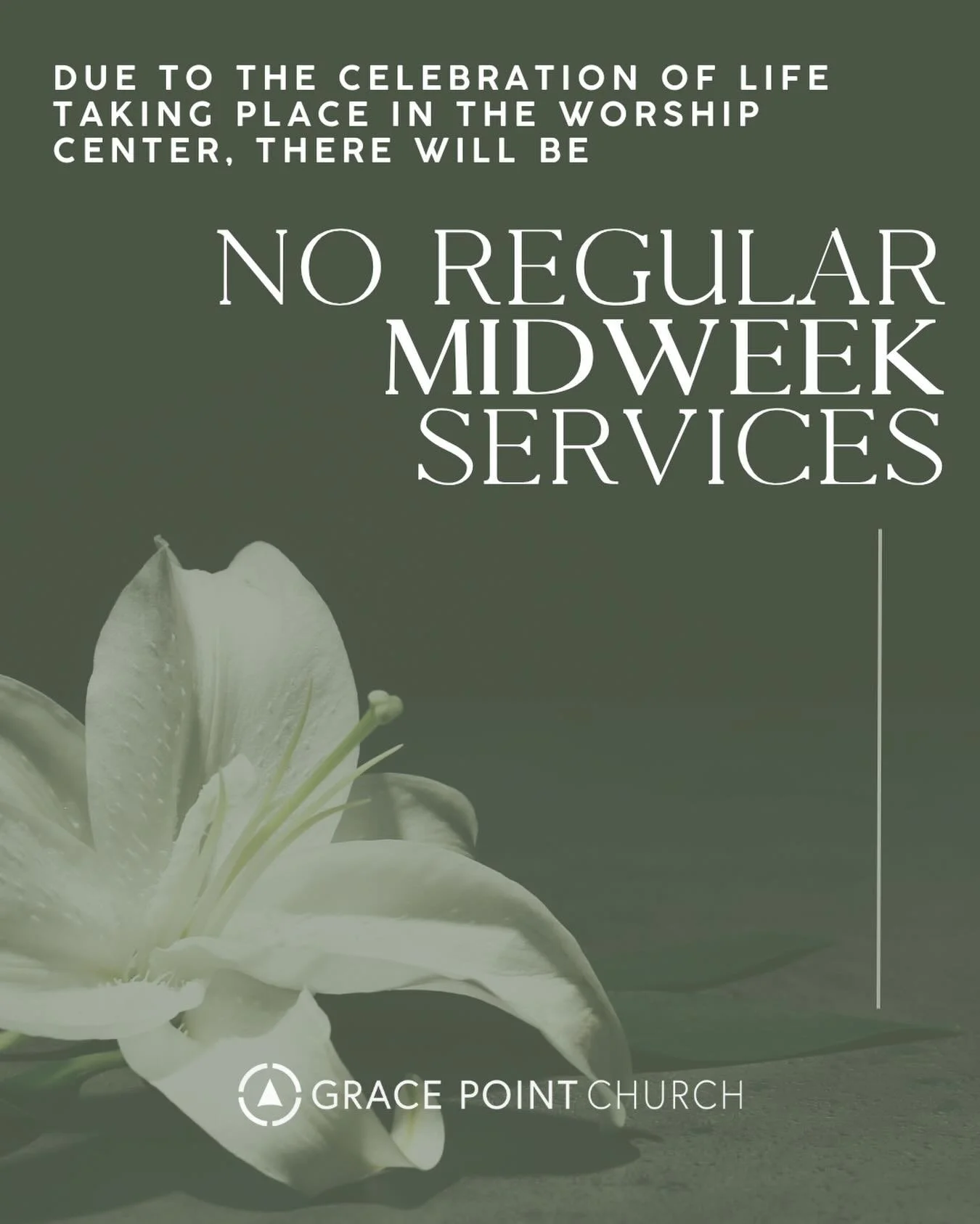 Just a reminder that there will be no regular service this evening as we honor the life of Vicki Wood, Lesli Averett&rsquo;s mother. The viewing is from 4:30-6:30, with the funeral service immediately following. 

Please keep the Averett family in yo