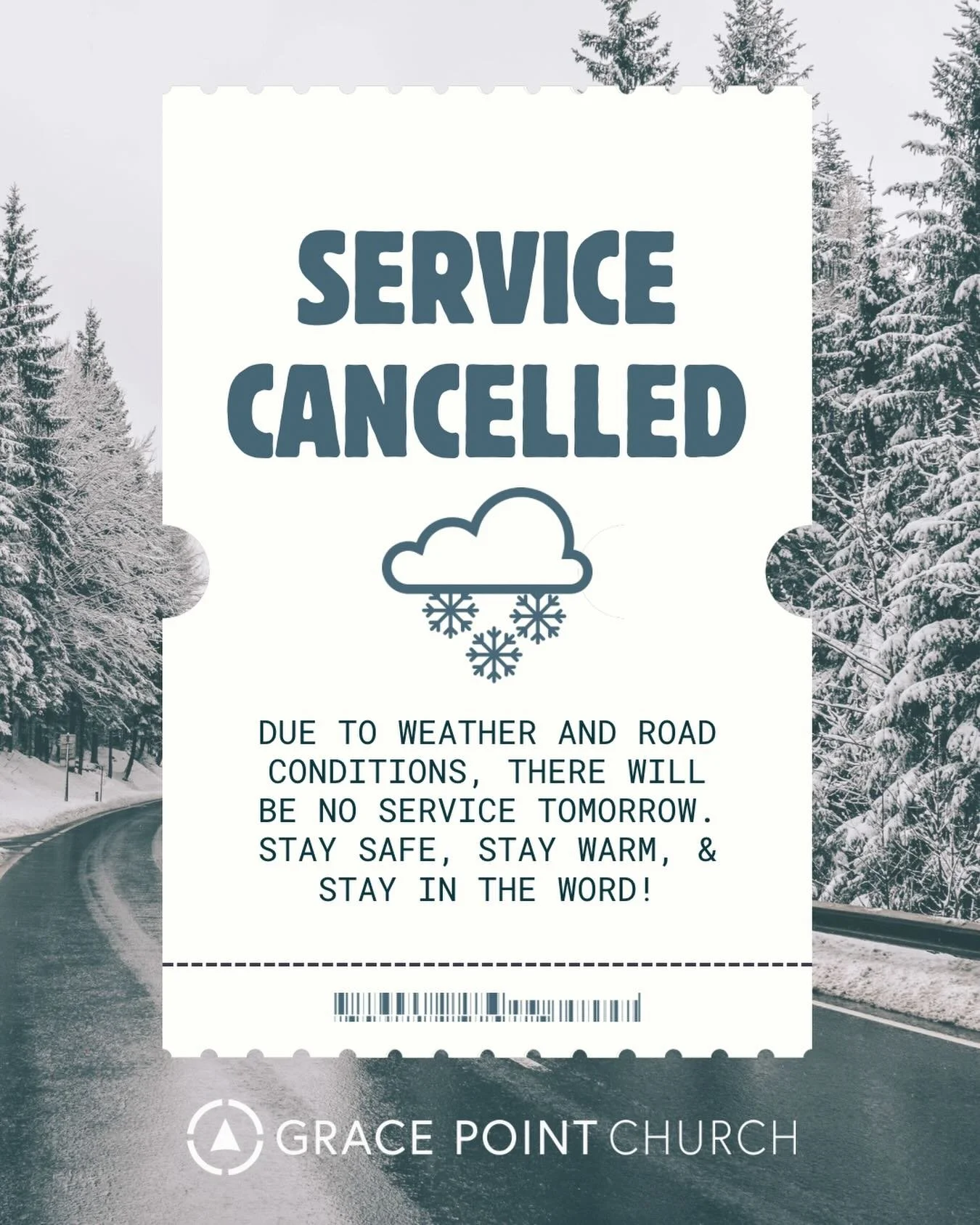Due to current + forecasted weather as well as deteriorating road conditions, there will be no service tomorrow.

Pleaze stay safe, stay warm, and spend some personal time in worship and the Word! We love you all!