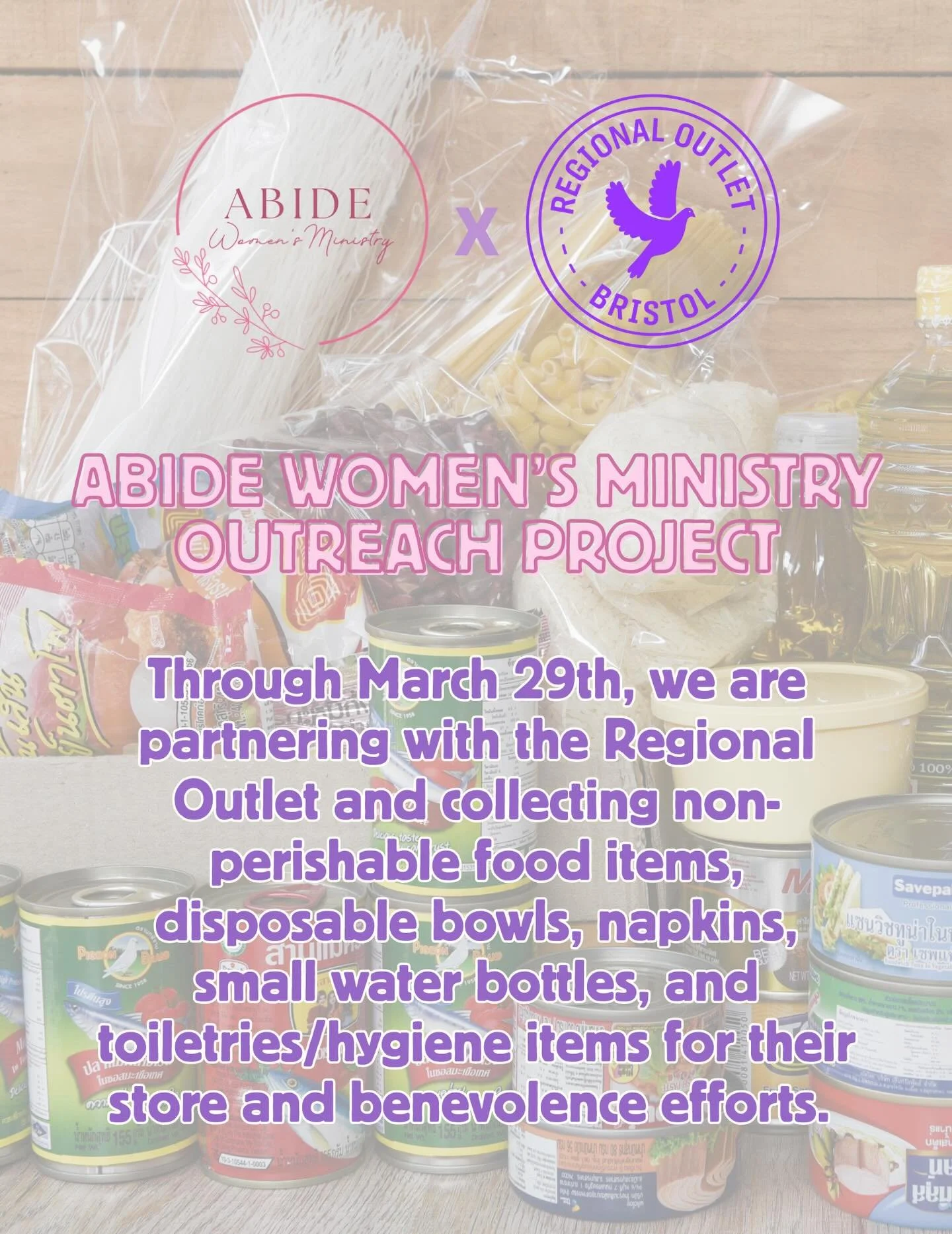 Good morning, family! We can&rsquo;t wait to worship with you. 🙌🏼 Today is going to be special!

Don&rsquo;t forget to bring your donations for our collaboration project with Abide Women&rsquo;s Ministry and the Regional Outlet to help stock their 