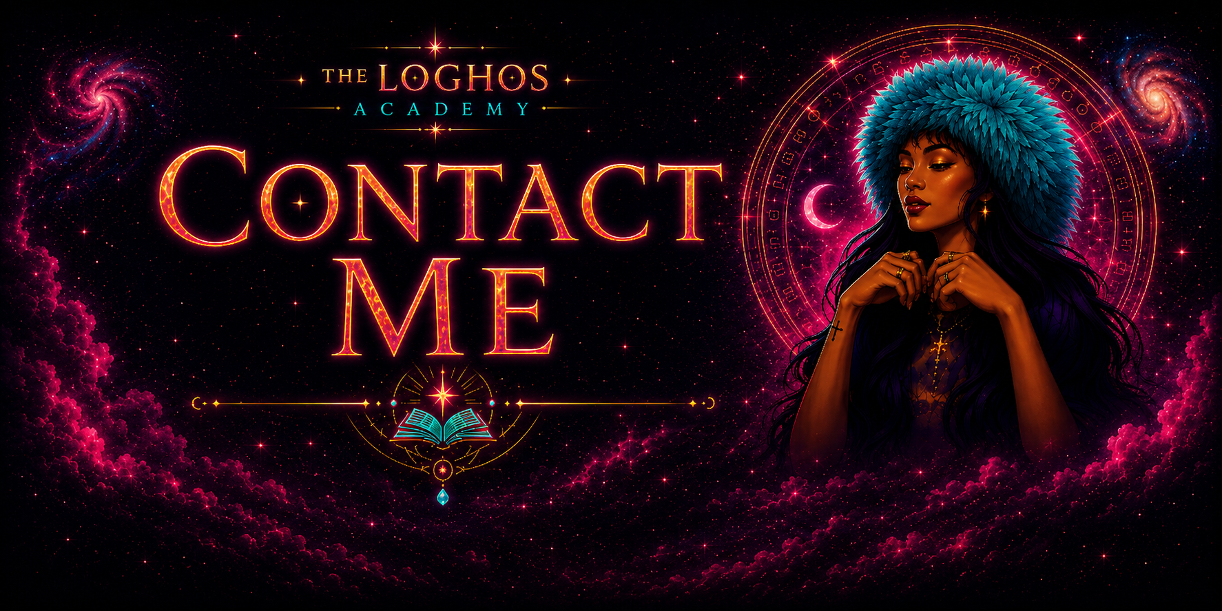 Promotional graphic for 'Contact Me' by The Loghos Academy, featuring a dark cosmic background with swirling galaxies, a crescent moon, and a woman with dark hair wearing a large blue feathered headdress, jewelry, and a purple outfit, surrounded by mystical symbols and glowing effects.