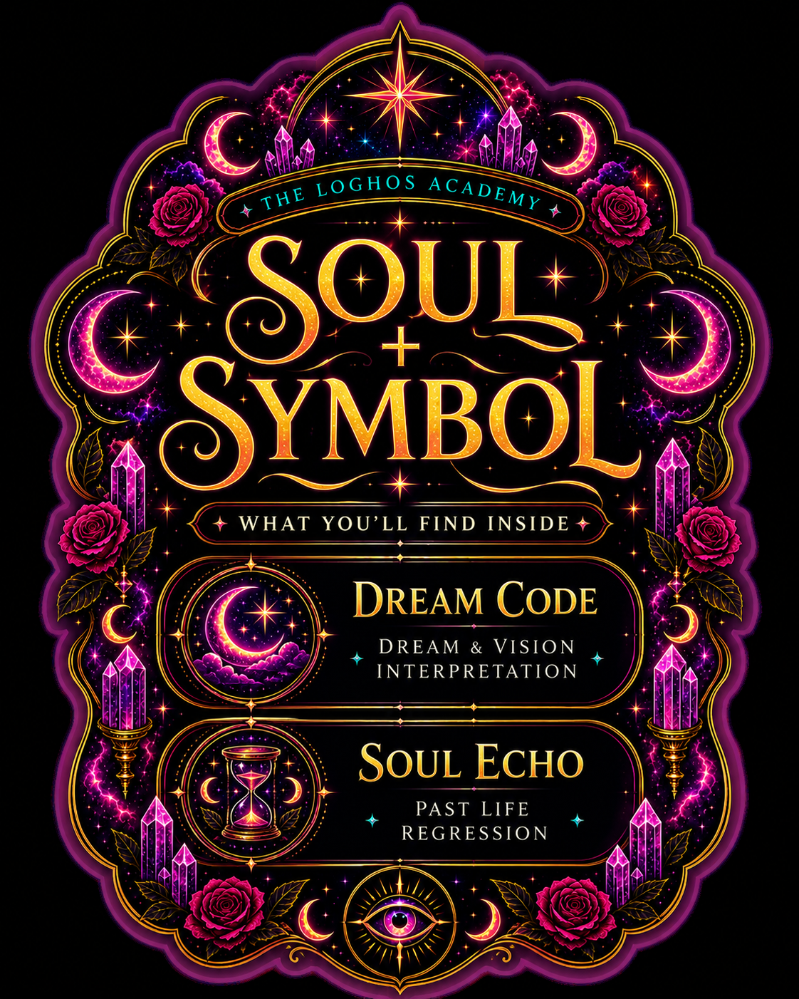 A colorful mystical poster titled 'Soul + Symbol' with cosmic and lunar imagery, roses, and crystals. It advertises a book or course about dream codes and soul echoes, focusing on dream interpretation and past life regression.