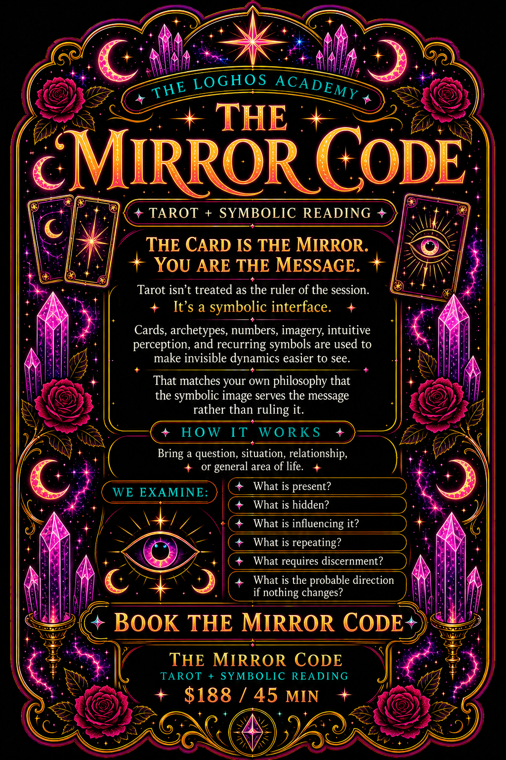 Colorful poster for The Mirror Code, a tarot and symbolic reading session by The Loghos Academy. Features tarot cards, roses, crystals, stars, moons, and an eye, with details about how it works and pricing.