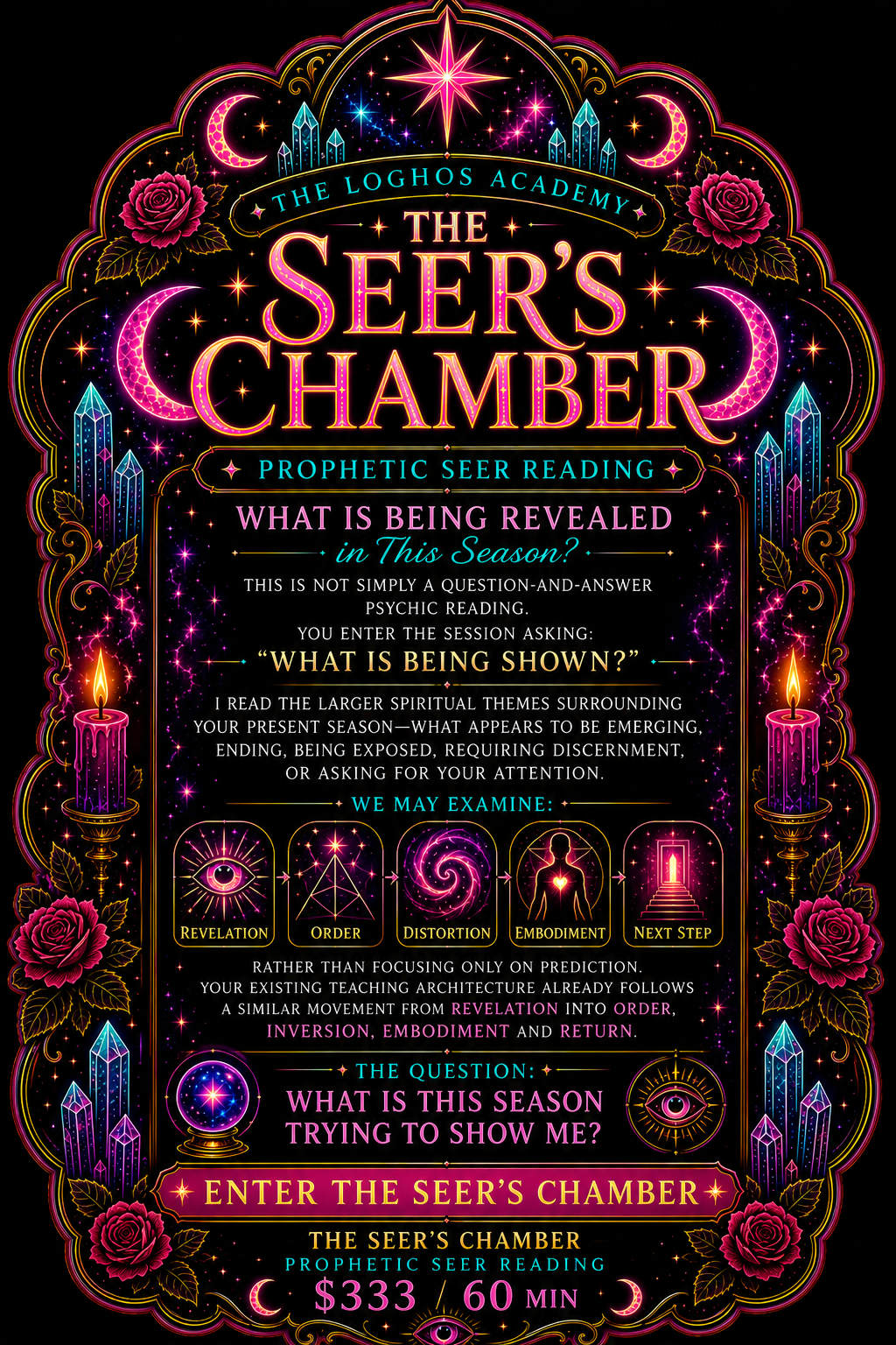 A vibrant, mystical poster for The Seer's Chamber, a prophetic seer reading session by The Loghos Academy. The design features glowing pink and purple stars, moons, roses, candles, and crystals with gold accents on a black background. It includes details about the session, such as price, duration, and themes like revelation and transformation.