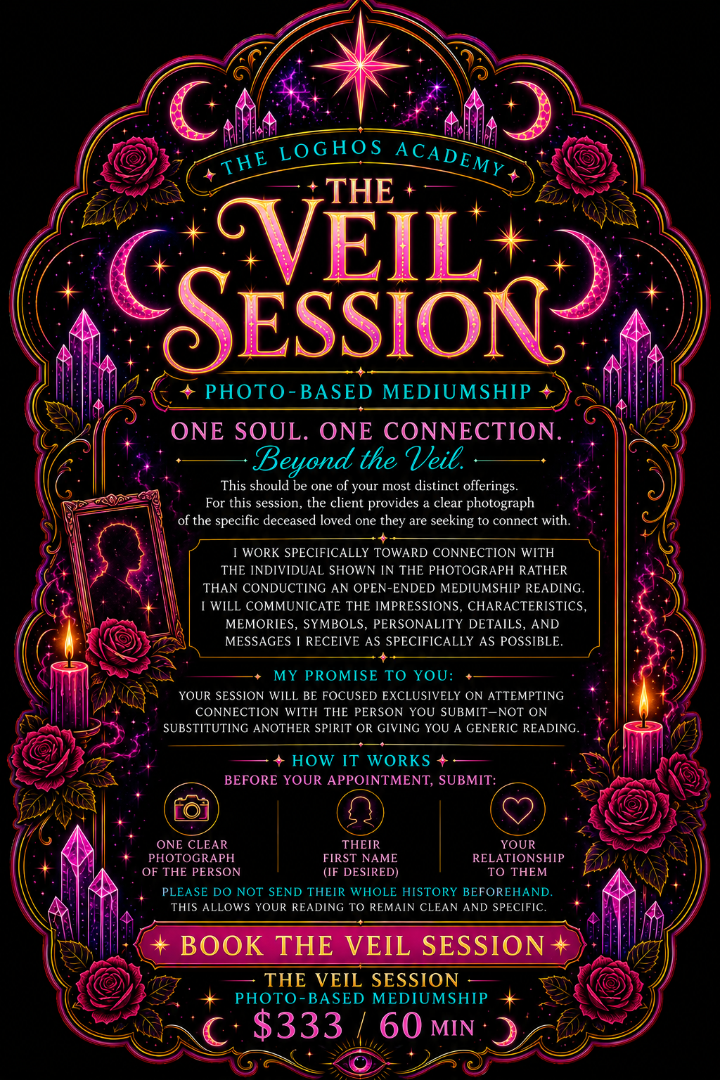Colorful poster for The Veil Session, a photo-based mediumship session by The Loghos Academy. The poster features mystical symbols like candles, roses, moons, stars, and crystals on a black background with neon pink, purple, and yellow accents. It explains the process and requirements for booking a session, emphasizing connection with a deceased loved one and avoiding general or impersonation readings. Price is $333 for 60 minutes.