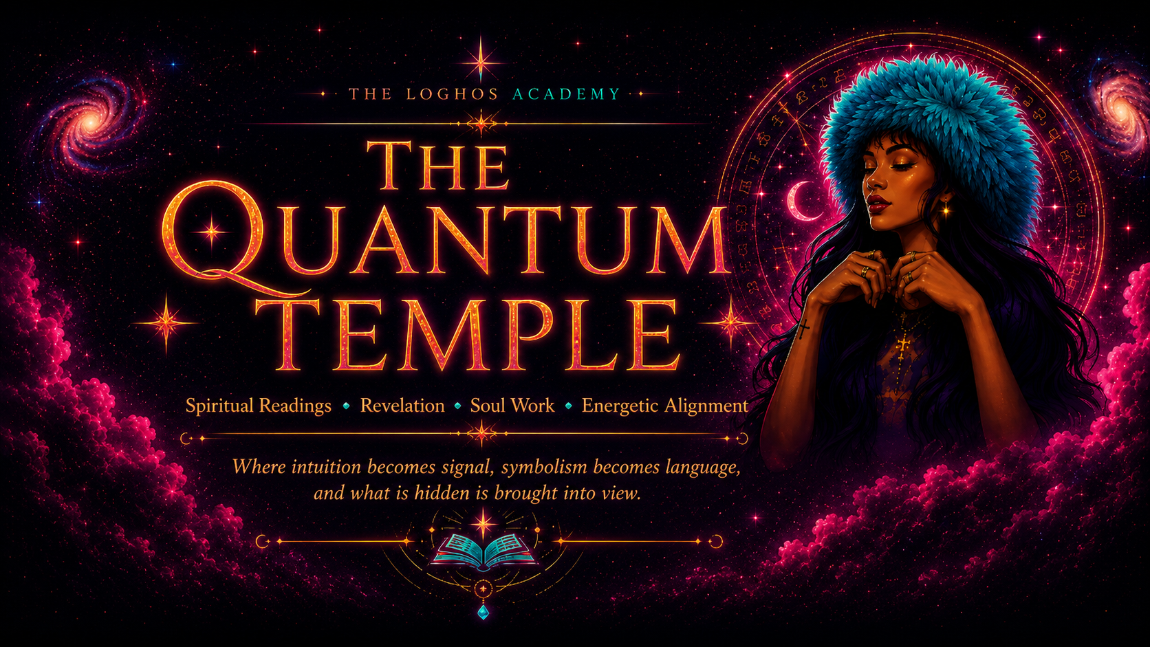 A cosmic-themed promotional poster for 'The Quantum Temple' by The Loghos Academy, featuring a woman with dark hair, wearing a large blue feathered headpiece, surrounded by stars, galaxies, mystical symbols, and an open book with glowing accents.