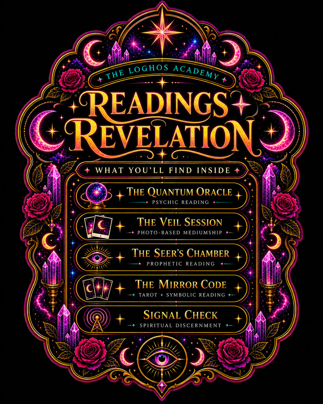 Colorful poster advertising the Loghos Academy Readings Revelation with mystical symbols, roses, moons, crystals, and stars, listing five types of readings: The Quantum Oracle, The Veil Session, The Seer's Chamber, The Mirror Code, and Signal Check.