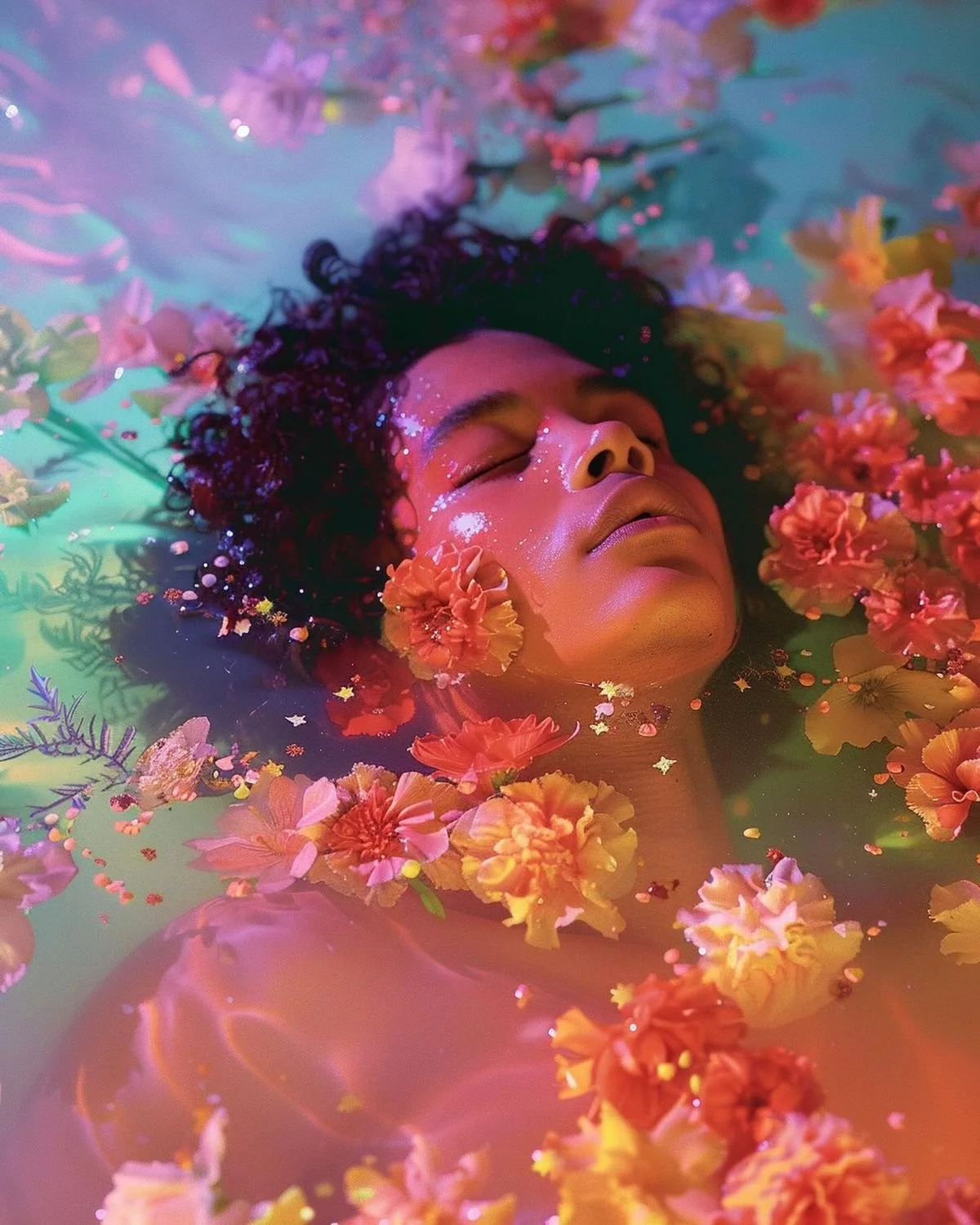 Dreamlike portrait of a brown-skinned woman floating in water with eyes closed, surrounded by colorful flowers and petals, illuminated by soft pink, teal, and gold light, creating a serene, ethereal atmosphere.