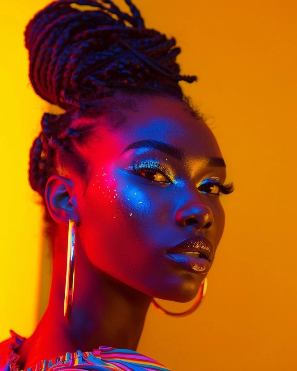 Close-up portrait of a dark-skinned woman with braided hair styled in a high bun, wearing large hoop earrings, lit with vivid blue and red light against a warm yellow background, gazing slightly to the side.