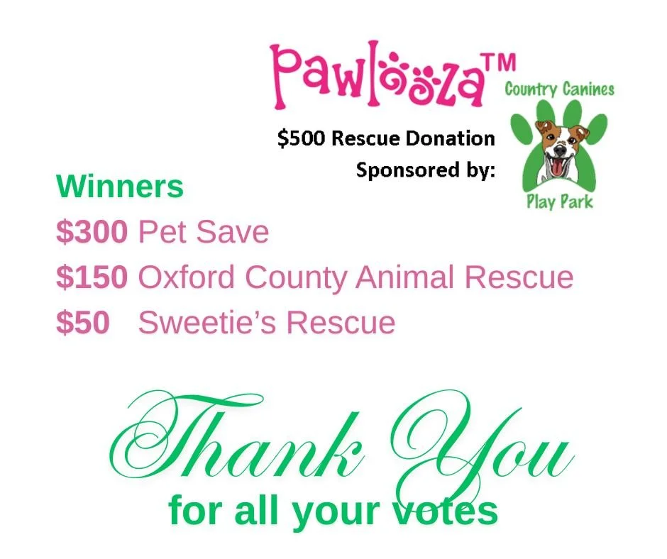 Thank you to everyone who voted for their top rescue! With your support, we can celebrate and uplift these incredible organizations.  And the Winners are: 1st place: $300 - Pet Save, 2nd place: $150 - Oxford County Animal Rescue, 3rd place: $50 - Swe