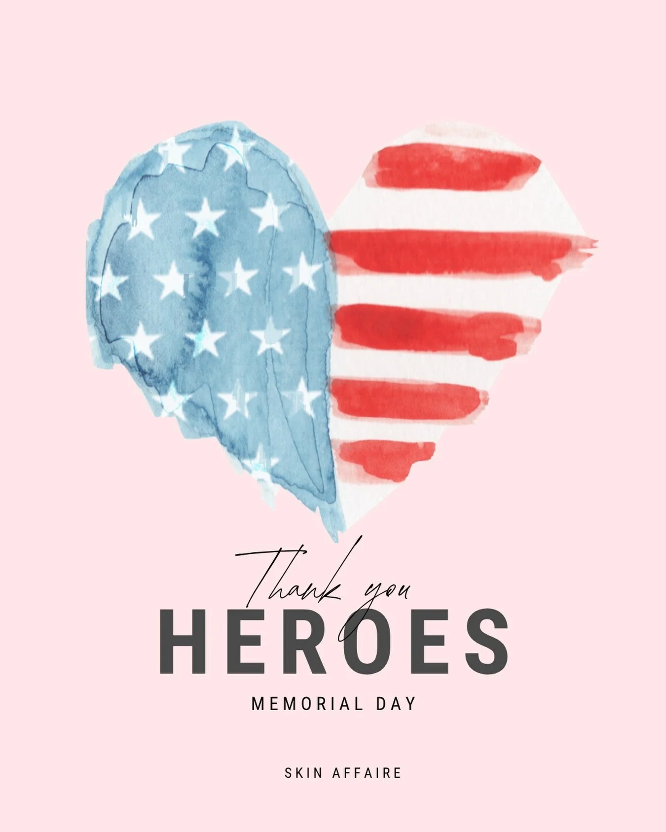 This Memorial Day, we honor the brave men and women who made the ultimate sacrifice for our freedom. ❤️🤍💙
Wishing you a meaningful holiday filled with gratitude, family, and moments of self-care.
With love,
Skin Affaire ✨