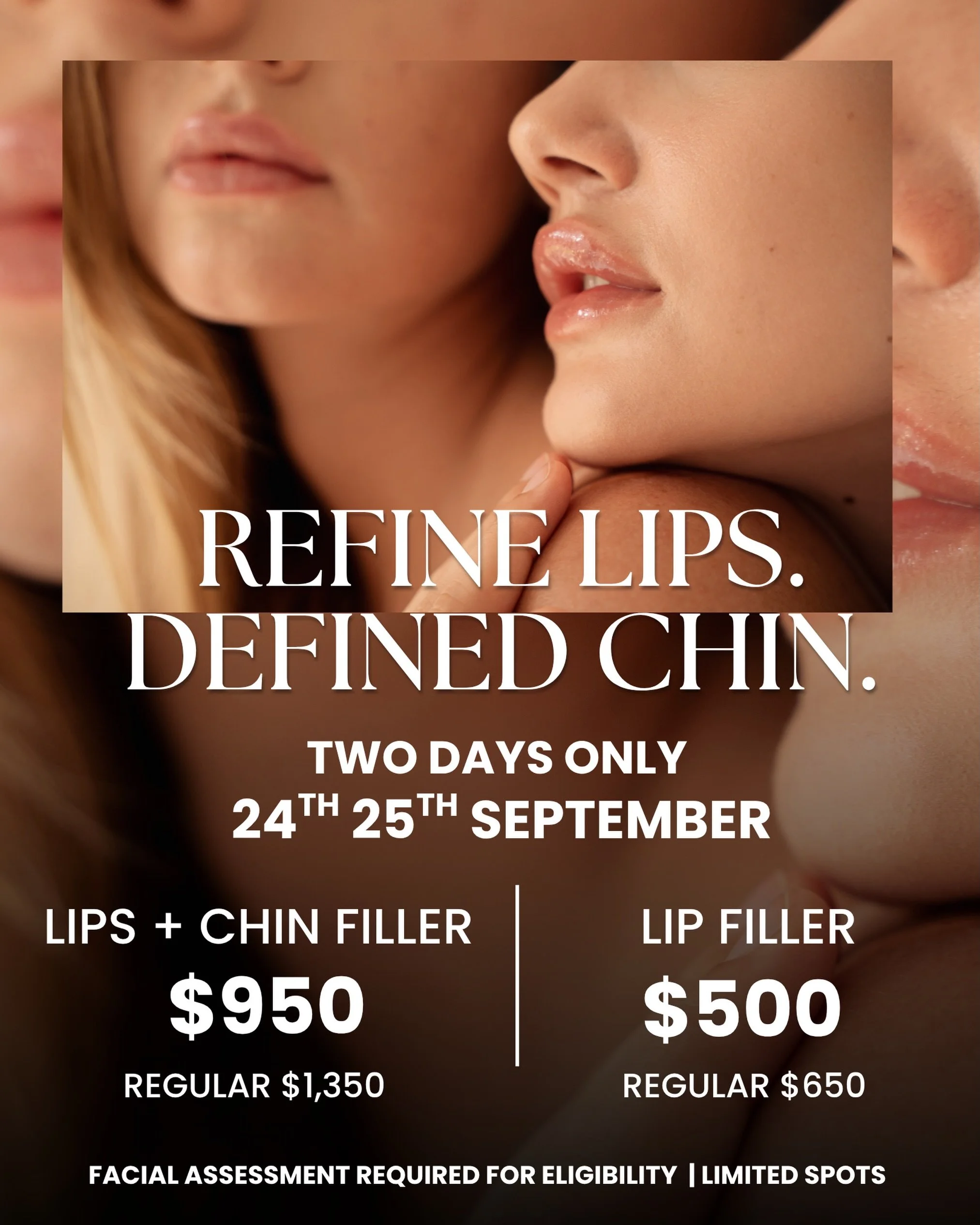 A little refinement can bring the entire profile into balance. ✨

For two days only: September 24th &amp; 25th&mdash;we&rsquo;re offering exclusive pricing on customized lip and chin filler:

💋 Lip Filler | $500
Regularly $650

💋 Lip + Chin Filler 