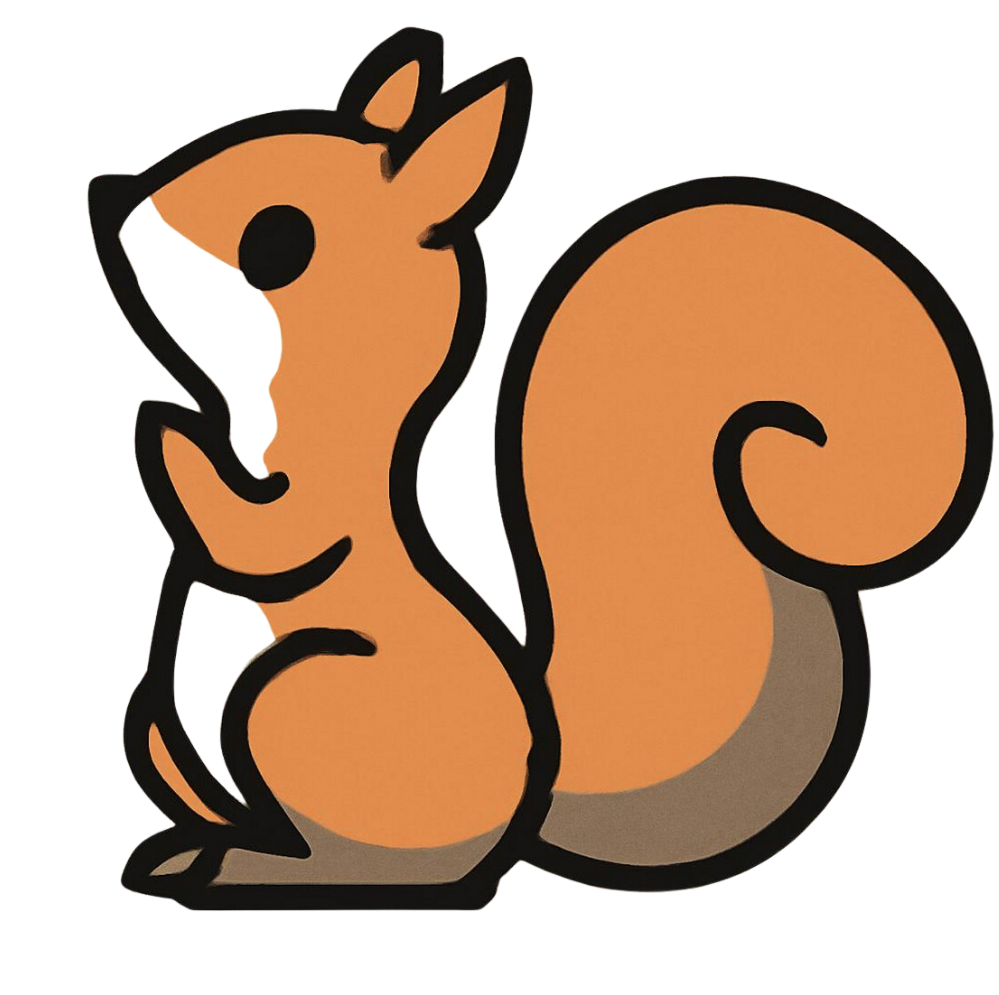 Cartoon illustration of a squirrel with a large curled tail, sitting upright with front paws near its chest.