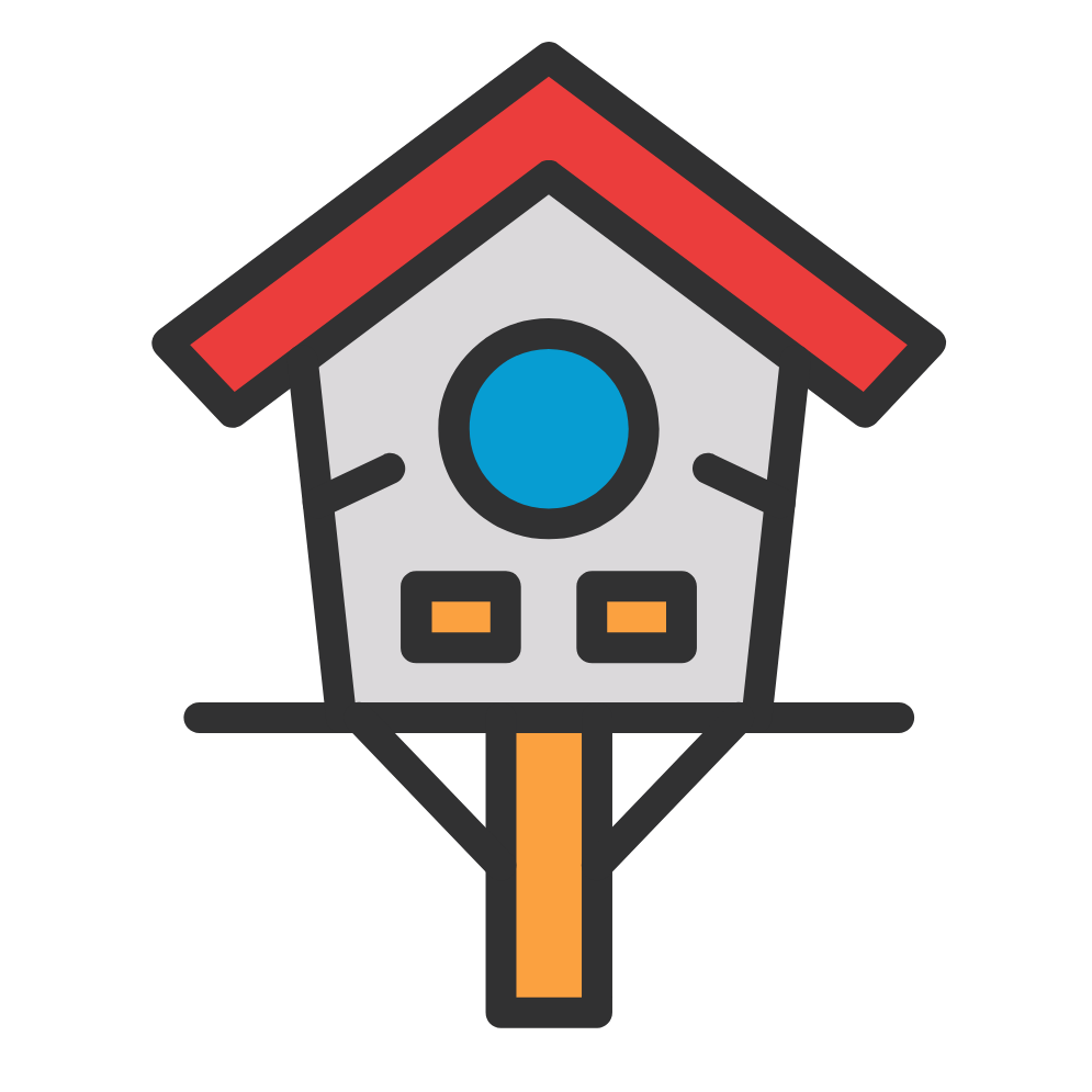 A stylized illustration of a birdhouse with a red roof, white body, and orange perch, featuring a blue circular entrance and two small orange windows.