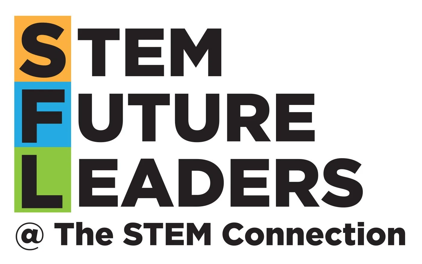 Logo with the words 'STEM FUTURE LEADERS' arranged vertically, with each word on a colored background and an additional line '@ The STEM Connection' below.