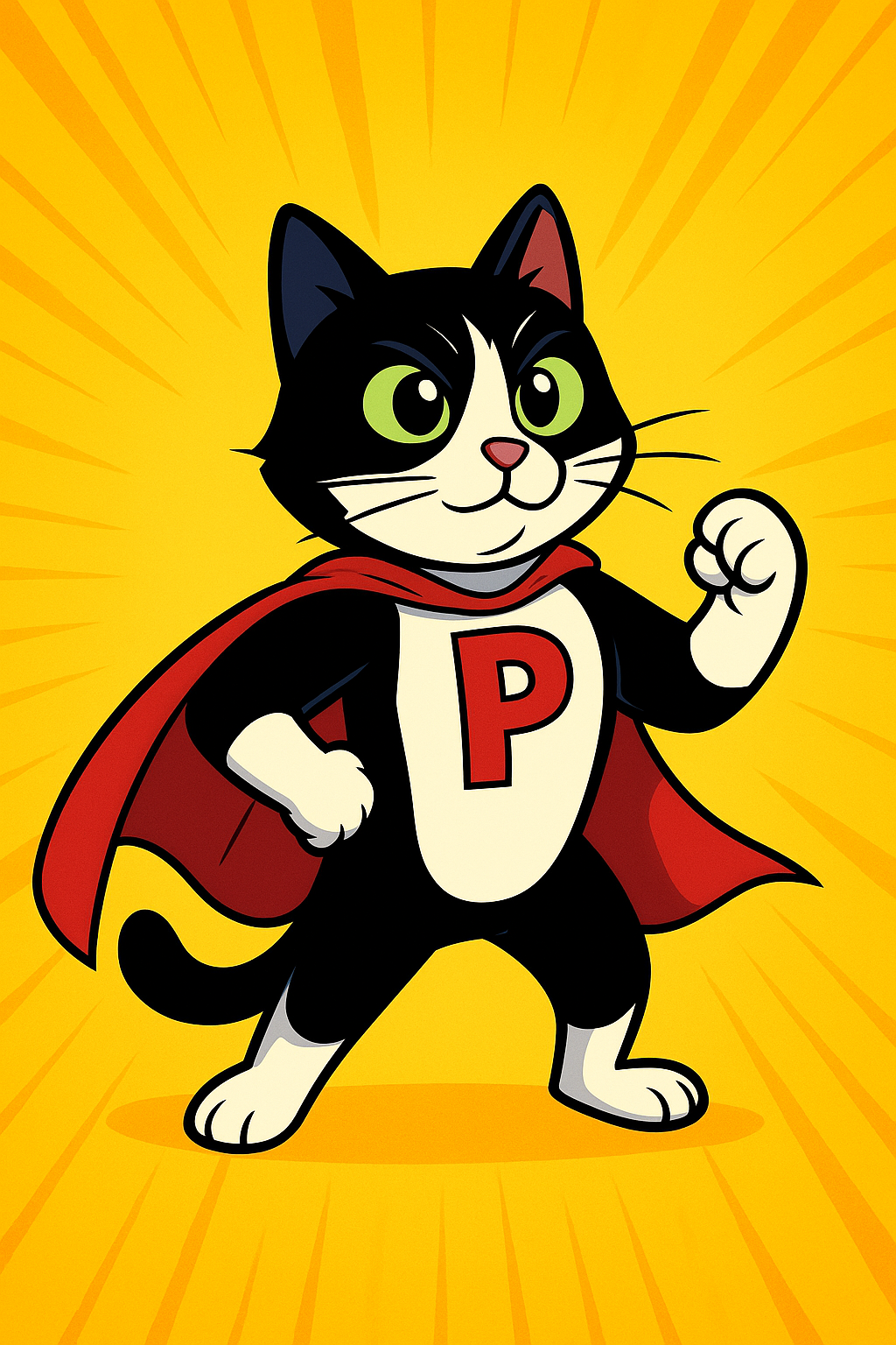 A cartoon cat dressed as a superhero, with a cape and a shirt with the letter 'P' on it, standing confidently with a clenched fist against a bright yellow background with radiating lines.