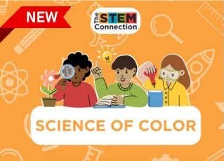 Children participating in a science activity related to colors, with science tools and colorful materials, promoting STEM education.
