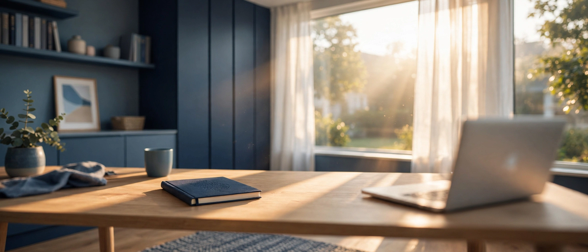 A navy workspace with a notebook and laptop in warm natural light